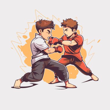 Dövüş sanatları vektör çizimi. İki genç adam karate çalışıyor..