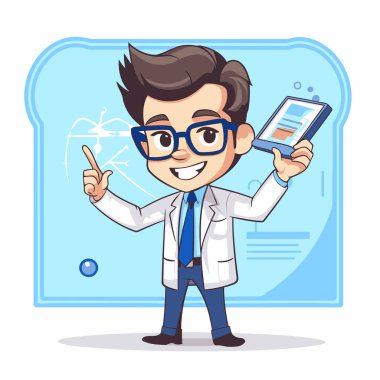 Elinde tablet bilgisayarla bilim adamı. Vektör çizgi film karakteri çizimi.