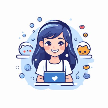 Dizüstü bilgisayarı olan şirin bir kız. Çizgi film tarzında vektör illüstrasyonu.