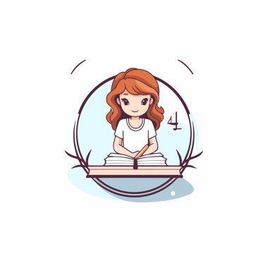 Çemberde kitap okuyan sevimli küçük bir kız. Vektör illüstrasyonu.