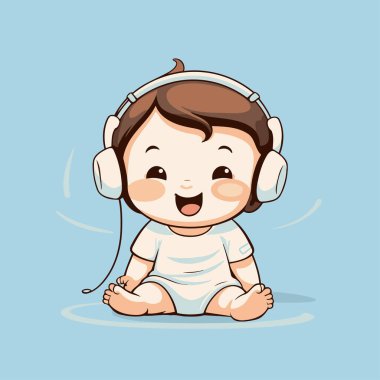 Kulaklığı mavi arka planda müzik dinleyen tatlı bir erkek bebek. vektör illüstrasyonu