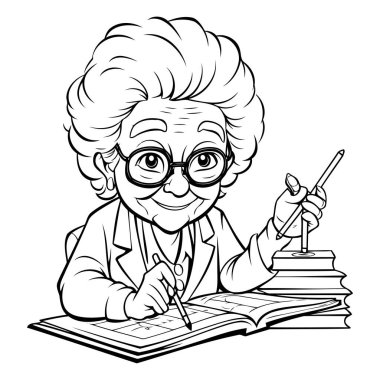 Çizgi film yaşlı kadın öğretmeninin kitaplarla olan illüstrasyonu. Siyah beyaz versiyonu.