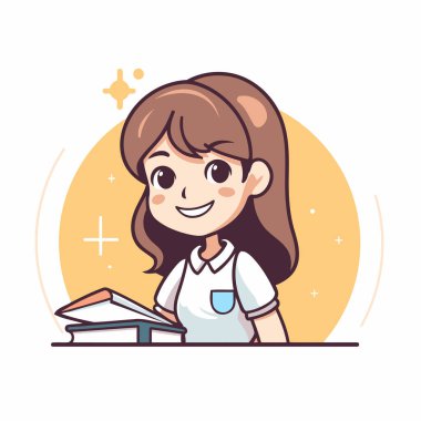 Kitap okuyan tatlı bir kız. Çizgi film düz stiliyle vektör illüstrasyonu.