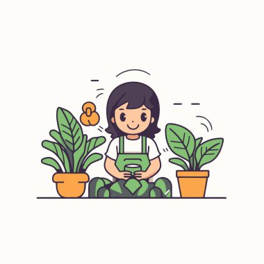 Bahçede kitap okuyan sevimli küçük bir kız. Vektör illüstrasyonu