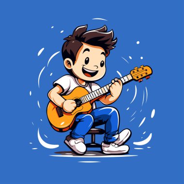 Çizgi filmci çocuk mavi arka planda gitar çalıyor. Vektör illüstrasyonu.