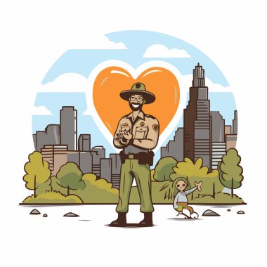American policeman with child and heart in the city park. Vector illustration. clipart