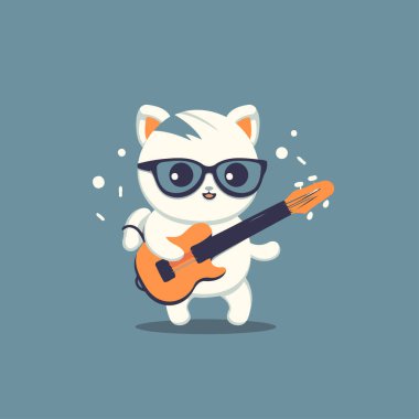 Gitar çalan sevimli çizgi film kedisi. Düz biçimli vektör illüstrasyonu.