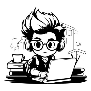 Laptop ve Kitaplı Çocuk Öğrenci - Siyah ve Beyaz Çizgi Film İllüstrasyonu