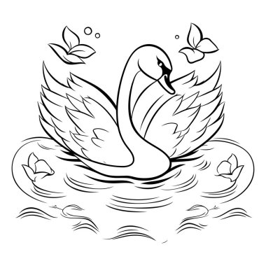 Gölde kuğu. Boyama kitabı için siyah ve beyaz vektör çizimi.