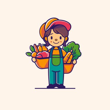 Bir sepet sebzeli şirin çiftçi çocuk. Vektör illüstrasyonu.