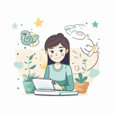 Evde ödev yapan genç bir kadın. Çizgi film tarzında vektör illüstrasyonu.