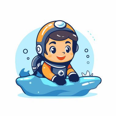 Uzay elbisesi içinde buzda yüzen tatlı bir çocuk. Vektör illüstrasyonu.