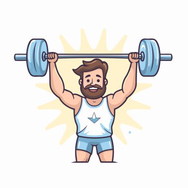 Çizgi filmdeki güçlü adam halteri kaldırıyor. Çizgi film tarzında vektör illüstrasyonu.
