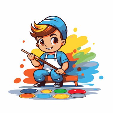 Suluboyayla oynayan şirin bir çocuk. Vektör çizgi film illüstrasyonu.