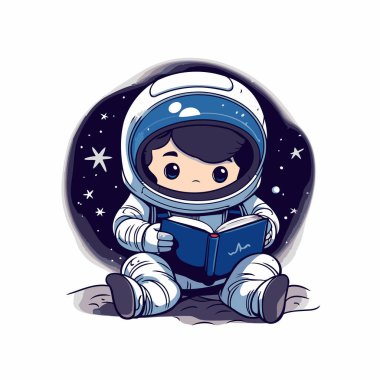 Astronot kostümlü şirin çocuk kitap okuyor. Vektör illüstrasyonu.