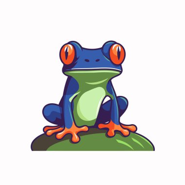 Kayanın üzerinde oturan sevimli çizgi film kurbağası. Vektör illüstrasyonu beyaz arkaplanda izole edildi.