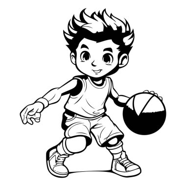 Çizgi filmci çocuk beyaz arka planda izole bir şekilde basketbol oynuyor. Vektör illüstrasyonu.