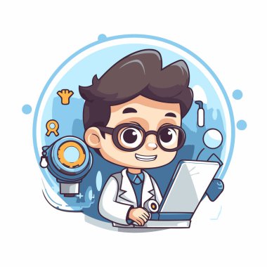 Bilim adamı çocuk çizgi film karakteri gözlüklü ve dizüstü bilgisayarlı. Vektör illüstrasyonu.