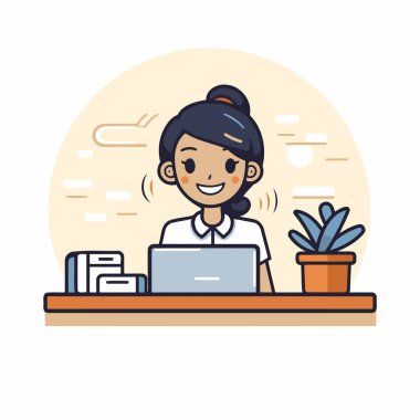 Ofiste dizüstü bilgisayarla çalışan bir iş kadını. Düz biçimli vektör illüstrasyonu