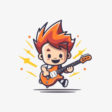 Gitar karikatürü çizen çocuk. Elektro gitar çalan sevimli küçük çocuk..