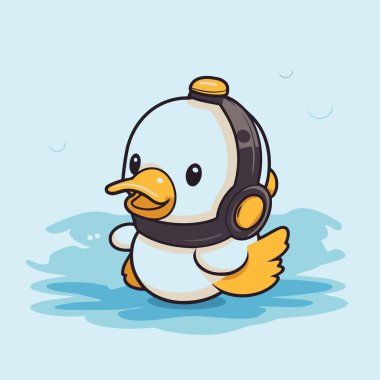 Kulaklıklı sevimli penguen çizgi filmi. Düz biçimli vektör illüstrasyonu