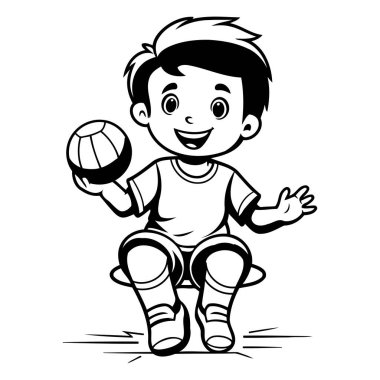 Küçük çocuk voleybol oynuyor - Siyah ve Beyaz Çizgi Film İllüstrasyonu