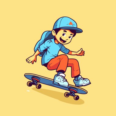 Çizgi filmci çocuk kaykay kullanıyor. Tasarımınız için vektör illüstrasyonu