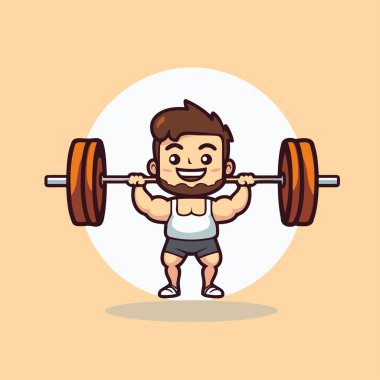 Halter karikatür ikonlu fitness adamı. Sağlıklı yaşam tarzı ve vücut geliştirme teması. Renkli tasarım. Vektör illüstrasyonu