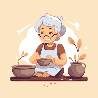 Çömlekli yaşlı bir kadın. Çizgi film tarzında vektör illüstrasyonu