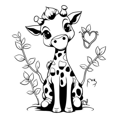 Çiçekli şirin çizgi film zürafası. Boyama kitabı için Vektör illüstrasyonu.
