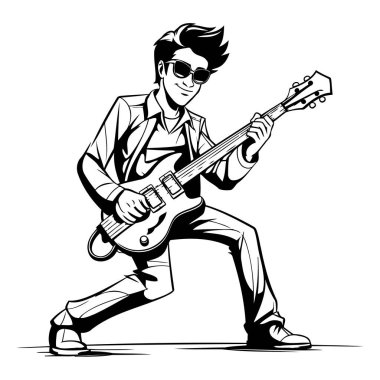 Gitarist. Tasarımınız için siyah ve beyaz vektör çizimi
