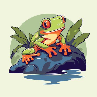 Kurbağa ormanda bir kayanın üzerinde oturuyor. Vektör illüstrasyonu.