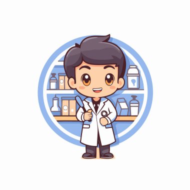 Yuvarlak rozet illüstrasyonundaki sevimli çocuk eczacı çizgi film karakteri.
