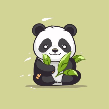Sevimli panda yaprakları tutuyor. Çizgi film tarzında vektör illüstrasyonu.