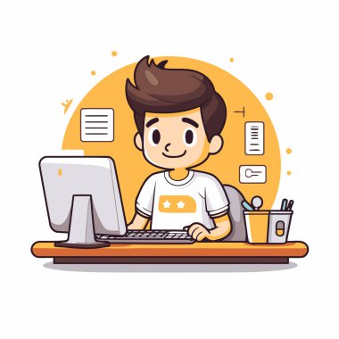 Ofisteki bilgisayarda çalışan genç bir adam. Vektör düz çizgi film illüstrasyonu.