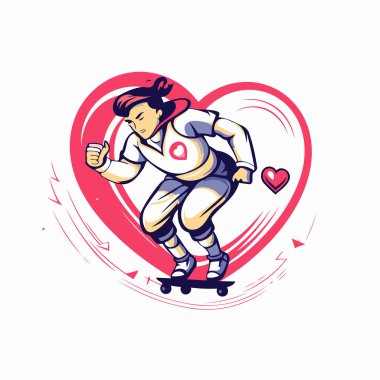 Kalp şeklinde kaykay süren bir adamın vektör çizimi