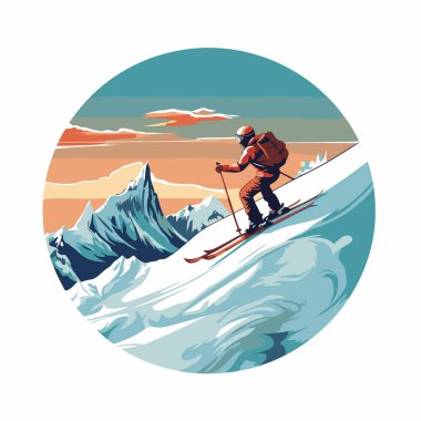 Dağlarda kayak yapmak. Retro biçiminde vektör illüstrasyonu.