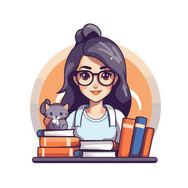 Gözlüklü, kitap ve kedi tutan tatlı bir kız. Vektör illüstrasyonu.