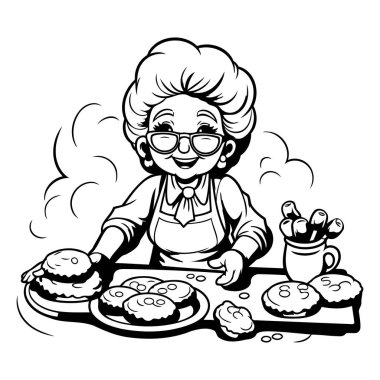 Büyükanne kurabiye pişiriyor. Boyama kitabı için siyah ve beyaz vektör çizimi.