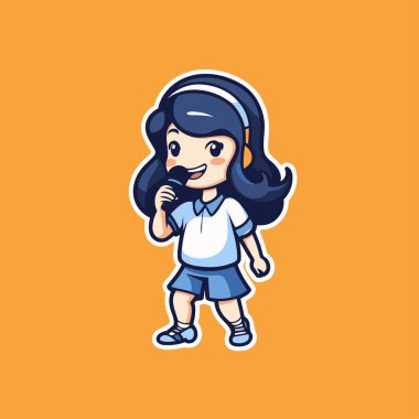 Tatlı kız karaoke yapıyor. Vektör çizgi film karakteri çizimi.