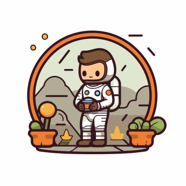 Elinde bir fincan kahveyle astronot. Vektör illüstrasyonu