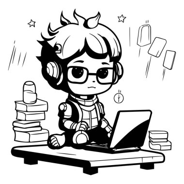 Dizüstü bilgisayarı ve kitapları boyama kitabı olan sevimli küçük kızın siyah beyaz çizgi film canlandırması