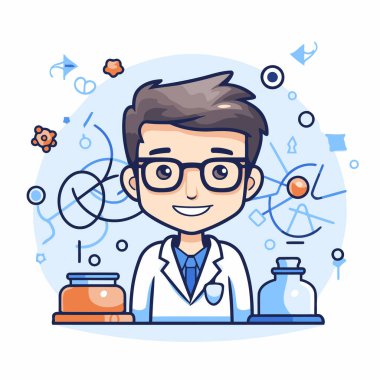 Bilim adamı çizgi film karakteri çizimi. Laboratuvar masasında duran gözlüklü genç bilim adamı..