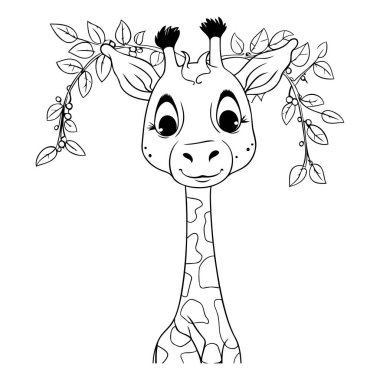 Çocuklar için boyama kitabı. Yaprakları ve dalları olan zürafa.