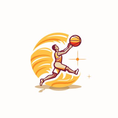 Basketbol oyuncusu ve top vektör logosu tasarım şablonu. Basketbol oyuncusu simgesi.