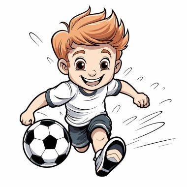 Beyaz bir arka plan üzerinde futbol oynayan bir çocuk resmi.