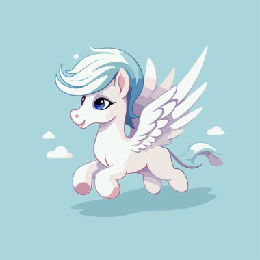 Gökyüzünde uçan şirin beyaz pegasus çizgi filmi. Vektör illüstrasyonu.