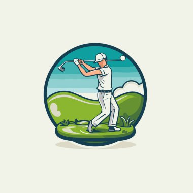 Golf sahasında golf topuna vuran bir golfçü. Vektör illüstrasyonu