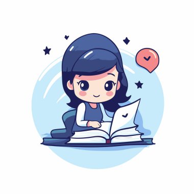 Kitap okuyan sevimli küçük bir kız. Çizgi film tarzında vektör illüstrasyonu.