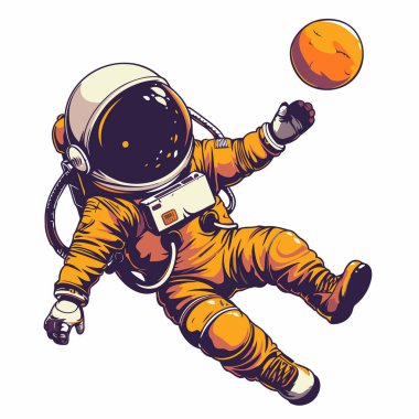 Astronot elinde topla uçuyordu. Vektör illüstrasyonu.